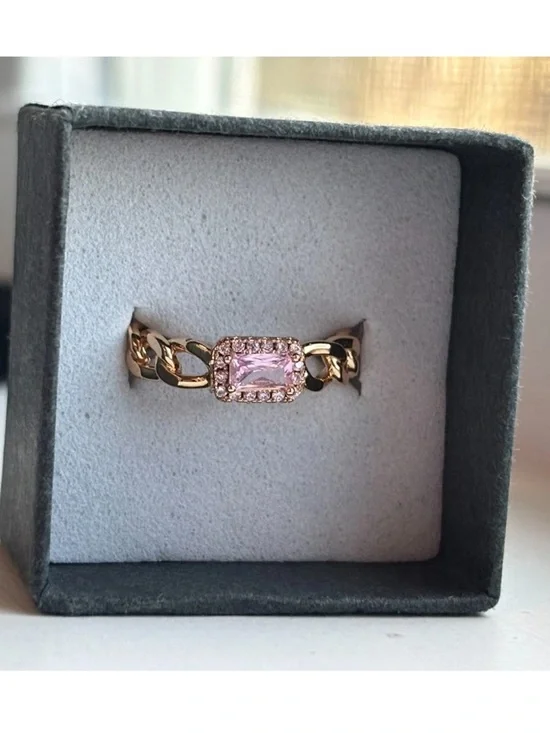 Gold Plated Chain Link Ring Pink Emerald Cut CZ Halo Size 6 Statement Ring - Picture 3 of 9